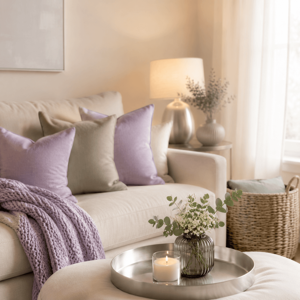 Softly styled living room corner with layered lilac and sage cushions, knit throw and warm lamp light