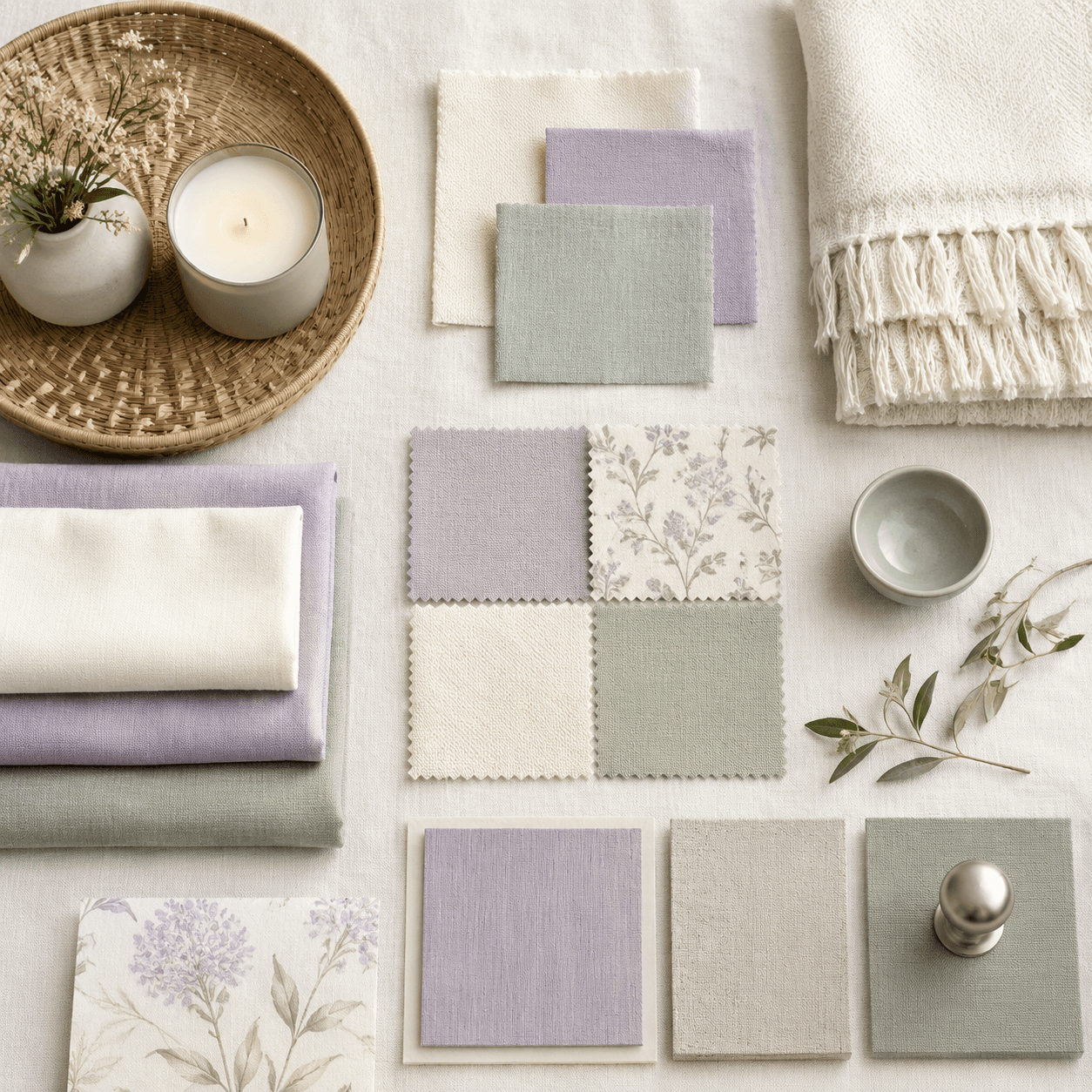 Calm styled vignette representing a room readiness board with layered soft textiles